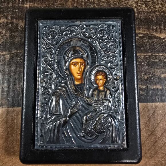 MCM Pure Silver 950 Byzantine Art Plaque - Virgin Mary - Picture 1 of 5